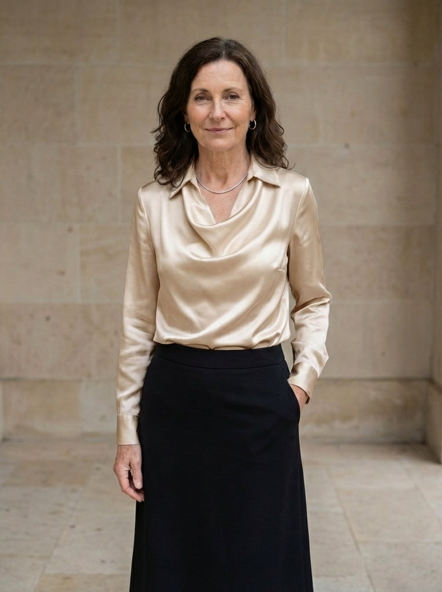 Amélie & Rose | Draped Satin Long Sleeve Blouse