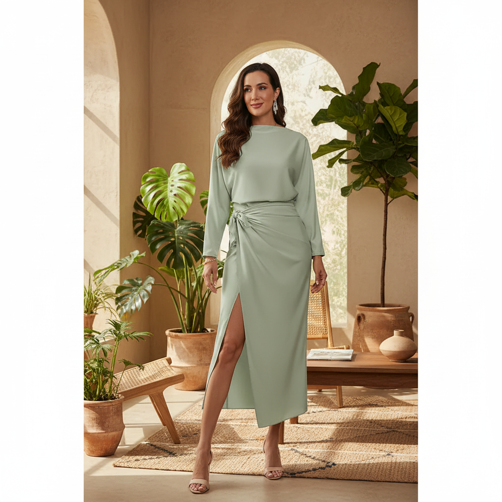 Amélie & Rose™ | Wrap Satin Dress with Boat Neck